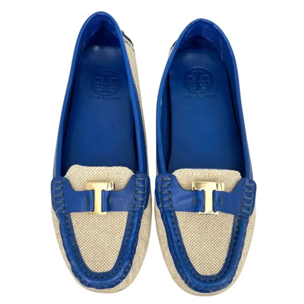 Tory Burch natural tan driving loafer with royal blue and gold logo T sz 8.5 SH2